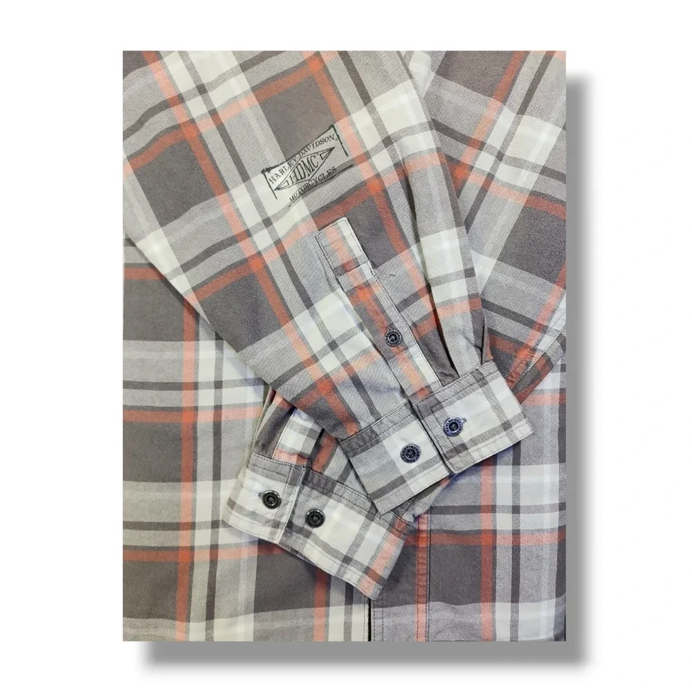 Harley Davidson Motorclothes Grey/Orange Plaid Button Down Long Sleeve Men's 2XL